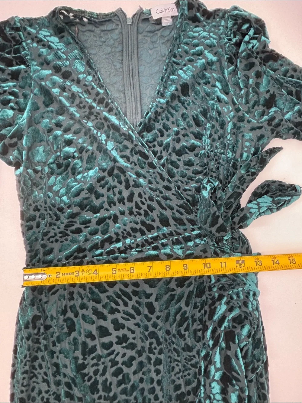 Calvin Klein Dark Green Velvet Leopard-Print Wrap Dress